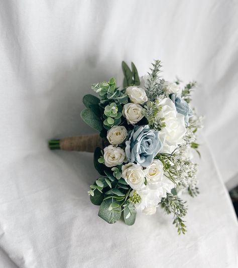 Faux Bridal Bouquet With Dusty Blue Flowers, Blue Bouquet, White and Blue Bouquet, Silk Wedding Bouquet, Faux Bridal Bouquet - Etsy Taiwan Bouquet White And Blue, White And Blue Bouquet, Faux Bridal Bouquet, Dusty Blue Flowers, Matching Bridesmaids, Artificial Wedding Bouquets, Silk Wedding Bouquets, Faux Leaf, Bouquet Toss