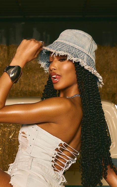 Page 6: Western Clothing | Cowboy Boots | PrettyLittleThing Colourful Bucket Hat Outfit, Denim Bucket Hat Outfit Summer, Jean Bucket Hat Outfit, Denim Hat Outfit, Bucket Hat Outfit Black Women, Denim Bucket Hat Outfit, Poses With Hat, Cute Bucket Hat Outfits, Bucket Hat Outfit Summer