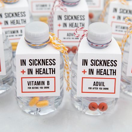 Mini water bottles, B Vitamins, Advil and our darling free printable tags make these the BEST "In Sickness and In Health" wedding favors ever! Affordable Wedding Favours, Mini Water Bottles, Disney Bachelorette, Creative Wedding Favors, Wedding Favors And Gifts, Wedding Souvenir, Bachelorette Party Planning, Bridal Bachelorette Party, Wedding Favors Cheap