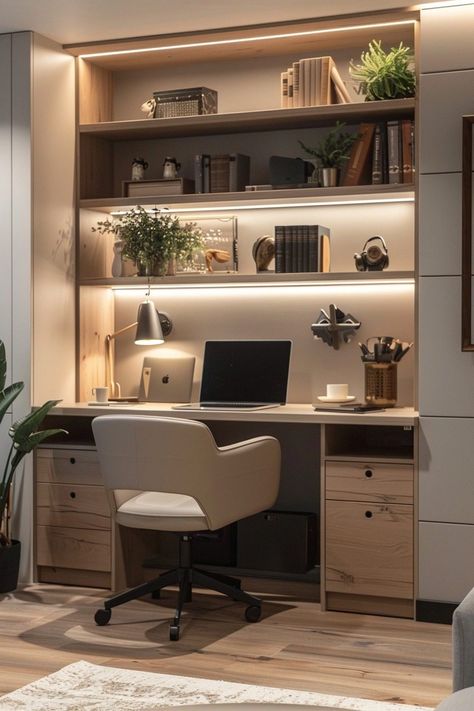 Home Workspace Ideas Small Spaces, Tiny Office Space Ideas, Tiny Office Space, Minimal Office Design, Office Under Stairs, Office Space Ideas, Space Home Decor, Bedroom Workspace, Home Office Closet