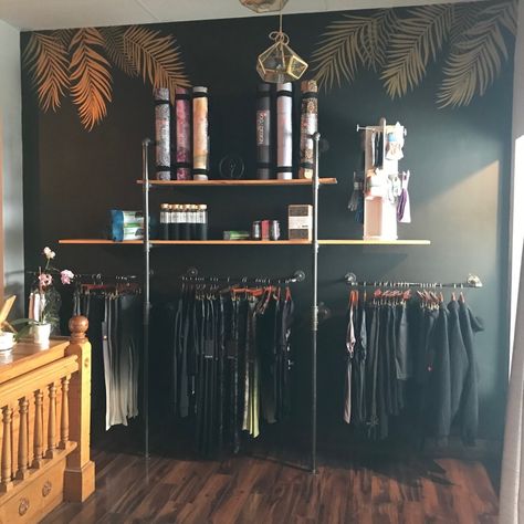 Yoga Merchandise Display, Cycling Studio Design Ideas, Yoga Studio Retail Display, Barre Studio Design Ideas, Boutique Fitness Studio Design Ideas, Pilates Studio Decor, Spin Studio Design Ideas, Barre Studio Design, Yoga Studio Lobby