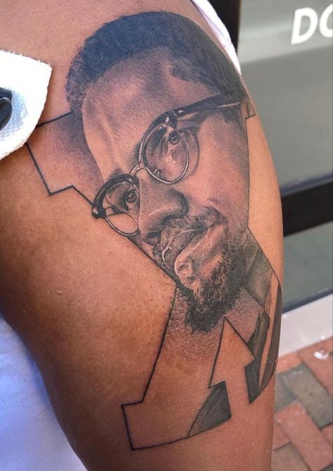 Black Leaders Tattoo, Malcolm X Tattoo Ideas, Mlk Tattoos, Malcom X Tattoos, Malcom X Tattoo Design, Malcom X Tattoo Sleeve, Muhammad Ali Tattoo, Malcolm X Tattoo, Black Excellence Tattoo