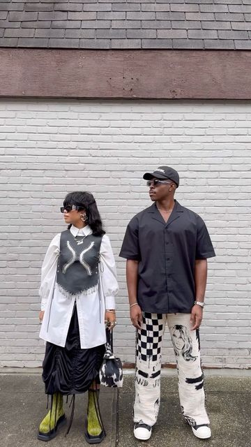 Skylar Marshai on Instagram: "We were rockstars in another life. Outfit details / His— Hat: @pleasures Glasses: @abetterfeeling Shirt: @drdenim Pants: @amiri Shoes: @rickowensonline Outfit details / Hers— Glasses: @d_heygere Shirt: @asos Vest: @sssilk666 Skirt: @not_conventional.official Shoes: @rickowensonline Bag: @carltonyaito Jewelry: @grise.nyc @simuero_ @cartier @jeblancisalive" Tokyo Moodboard, Skylar Marshai, Amiri Shoes, Outfit Recreation, Women Streetwear Outfits, Pinterest Girl Aesthetic, Japan Fits, Official Shoes, Streetwear Outfit Ideas