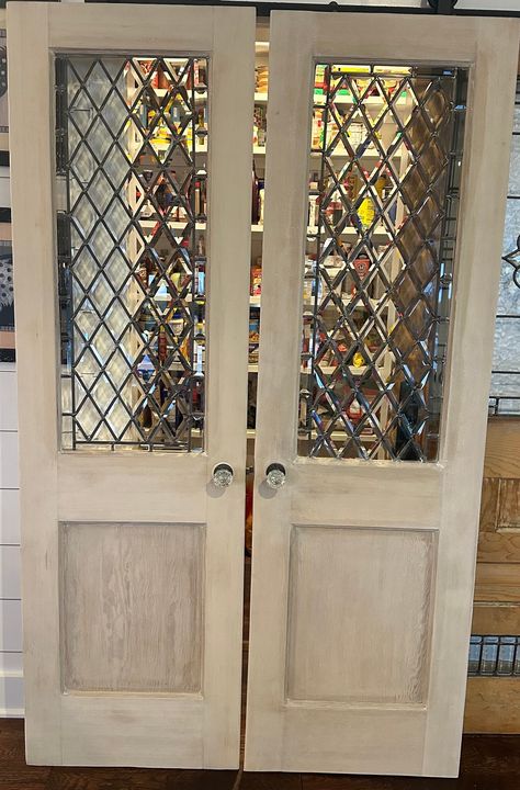 Custom order leaded glass doors. Whitewashed with Diamond bevel pattern in each. Length: 79 3/8" Width: 24" Depth: 1 1/4" Stain: Simply White Transom Doors Interior, Victorian Doors Internal, Stained Glass Doors Interior, Stained Glass Door Panel, Glass Folding Doors, Victorian Internal Doors, Repurposed Doors, Leaded Glass Doors, Stained Glass Doors