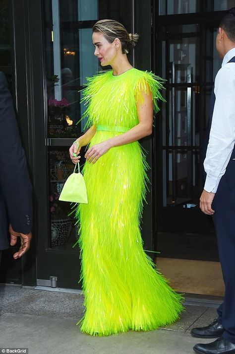 Sarah Paulson - Prada Neon Yellow Fashion, Neon Gown, Neon Yellow Outfit, Bright Wardrobe, Balcony Vibes, Neon Yellow Dress, Nye 2023, Neon Yellow Dresses, Chartreuse Dress