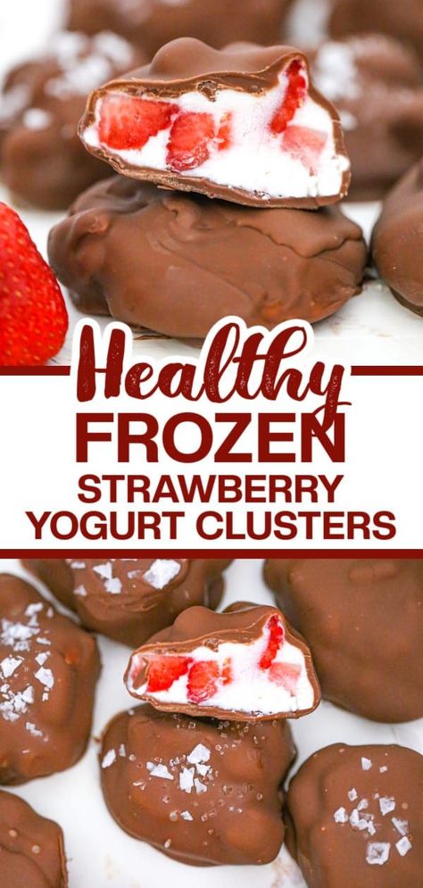 Easy Desserts With Frozen Fruit, Frozen Fruit Yogurt Bites, Greek Yogurt Strawberry Clusters, Chocolate Covered Frozen Yogurt, Strawberry Frozen Yogurt Recipe, Healthy Desserts Strawberry, Chocolate Strawberry Yogurt Clusters, Frozen Yogurt With Fruit, Frozen Strawberry Yogurt Chocolate Bites