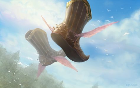 Winged Boots Fantasy Art, Magic Bow And Arrow Fantasy Art, Magic Instruments Dnd, Mythical Bow And Arrow, Magic Instrument Fantasy Art, Props Illustration, Art Boots, Wing Boots, Magic Clothes