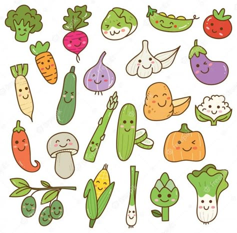 Premium Vector | Set of kawaii vegetables Kawaii Vegetables, Vegetable Drawing, Vegetable Cartoon, Vegetable Design, Food Doodles, 동화 삽화, Food Drawings, Cute Food Drawings, Small Drawings