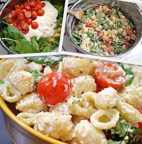 Try Roasted Garlic Pasta Salad! You'll just need 1 point cherry tomatoes, 1 lb. pasta shells, 1 head garlic, 1/2 Tbsp olive oil, 3 cups baby spinach, 15 oz.... Roasted Garlic Pasta Salad, Garlic Pasta Salad, Roasted Garlic Pasta, Garlic Pasta, Idee Pasto Sano, Pasta Salad Recipes, Ricotta Cheese, Vegetable Salad, Roasted Garlic