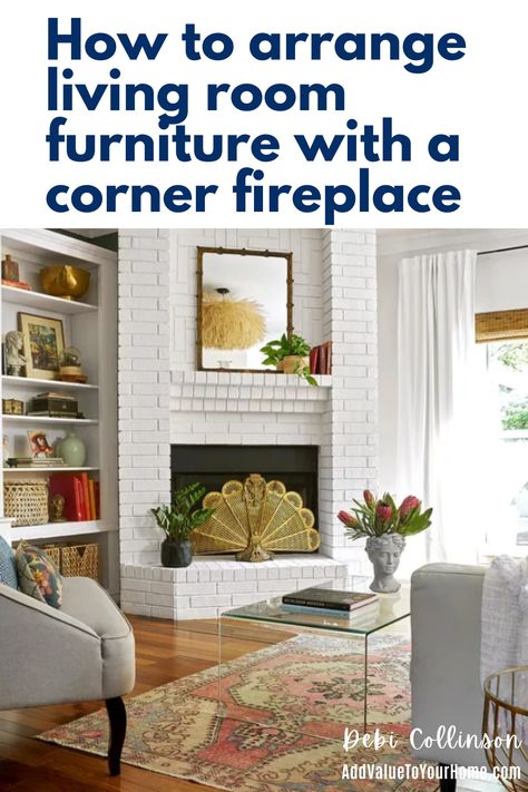 Arranging furniture around a fireplace can be challenging enough.  But throw this fireplace in a corner and its downright tricky.  Check out these designer tips on how to arrange your furniture to make your living room functional and stunning.

#cornerfireplaces
#cornerfireplaceideas
#furniturearrangingcornerfireplaces How To Arrange Furniture With A Corner Fireplace, Catty Corner Fireplace Living Room, Caddy Corner Fireplace Living Rooms, Decorating A Corner Fireplace, Corner Fireplace Living Room Layout Arrange Furniture, Fireplace In Corner Of Living Room, Small Living Room Corner Fireplace, Living Room Layout With Corner Fireplace, Small Living Room With Corner Fireplace