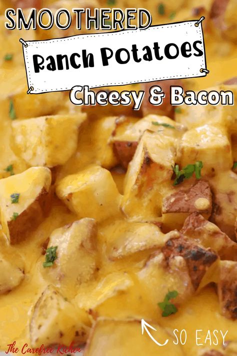 These Cheesy Bacon Ranch Potatoes are total comfort food that the whole family will love. They’re made with red potatoes that have been tossed in ranch dressing mix, oven-roasted and smothered in gooey cheddar cheese and bacon bits. #thecarefreekitchen #potatoes #sidedish #ranchpotatoes #hiddenvalley #easyrecipe #bacon Ranch Potatoes In Oven, Cheese Ranch Potatoes, Ranch Red Potatoes, Cheesy Bacon Ranch Potatoes, Ranch Potatoes Baked, Bacon Casserole Recipes, Ranch Potato Recipes, Smothered Potatoes, Oven Roasted Red Potatoes