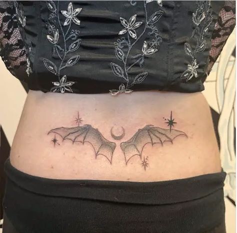 Bat Impression Lower Back Tattoo Bat Tattoo Lower Back, Bat Lower Back Tattoo, Bat Tramp Stamp Tattoos, Bat Tramp Stamp, Bat Wings Tattoo, Bat In Flight, Bats Tattoo, Bats Tattoo Design, Lower Back Tattoo