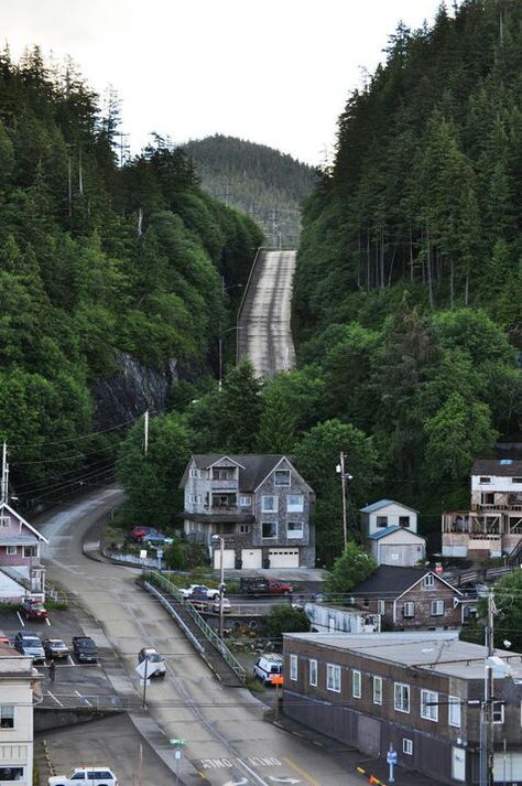 Wouldn't want to drive this street in the winter months of Ketchikan,  Alaska Alaska City Aesthetic, Small Town Alaska, Alaska Town Aesthetic, Alaska Lifestyle, Alaskan Town, Alaska Ketchikan, Alaska Town, Camping Aesthetic Outfits, Granola Girl Summer