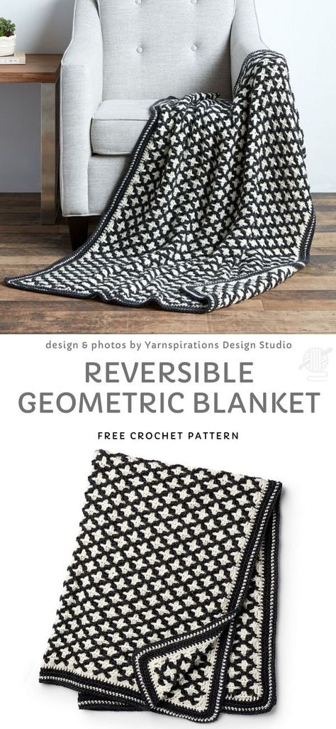 Reversible Geometric Blanket Free Crochet Pattern Black And White Blankets, Black White Gray Crochet Blanket Pattern, Throw Pattern Crochet, Modern Crochet Free Patterns, Modern Crochet Throw Pattern Free, Geometric Mosaic Crochet, Reversible Crochet Blanket, Nordic Crochet Pattern Free, Black And White Crochet Blanket Pattern Free