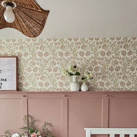 Emma | Family Home Decor & DIY | Mum of 4 on Instagram: "Swipe to see the makeover stages in the bedroom 🌸 I think that adding the pink and the wall panelling has added character where none existed before...BUT...  ...Honest truth, this room makeover still isn't finished. I still have furniture to upcycle, we need to save up for a new bed, im thinking of carrying the wall panelling all around the room rather than just one feature wall, and I'm not sold on the wallpaper 😬🫣...it is beautiful but I think combined it's a little bit too pink, what do you think?  #pinkbedroom #roommakeover #wallpanelling #pinkpanelling #bedroommakeover" Bedroom Wallpaper And Paneling, Floral Wallpaper With Panelling, Pink Walls With Wallpaper, Small Nursery Panelling, Half Wallpaper Nursery Wall, Girly Accent Wall Ideas, Pink Hallway Panelling, Wallpaper Above Panelling Bedroom, Wallpaper And Panelling Nursery