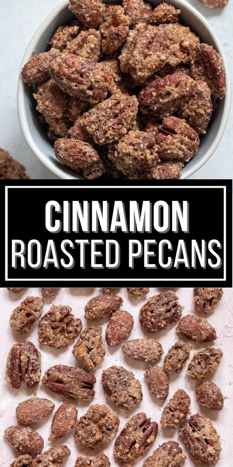 Cinnamon Roasted Pecans are magical. When you combine the buttery-ness of the pecans with the sweetness of the sugar and warmth of the cinnamon.  It makes for an incredible snack or gift. Cinnamon Nuts Recipe, Cinnamon Roasted Pecans, Roasted Pecans Recipe, Roasted Nuts Recipe, Cinnamon Sugar Toast, Cinnamon Pecans, Spiced Pecans, Roasted Pecans, Nut Recipes