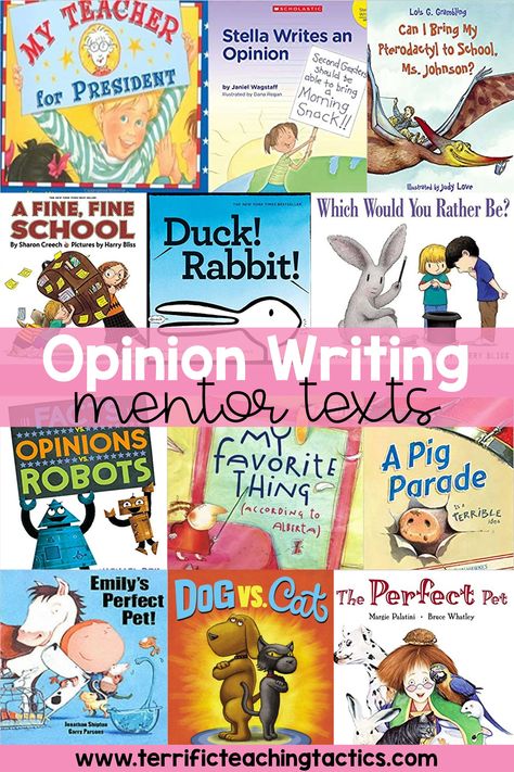 Are you looking for opinion writing mentor texts? If so, you'll love this blog post which is full of 12 opinion writing storybooks. These opinion writing picture books are ideal for kindergarten, first grade, second grade, and third grade elementary students during writing lessons. Some of the persuasive writing story books are - my teacher for president, stella writes an opinion, duck! rabbit!, a fine, fine school, which would you rather be? and can I bring my pterodactyl to school, ms johnson Opinion Writing 3rd Grade, First Grade Opinion Writing, Opinion Writing First Grade, Kindergarten Opinion Writing, Opinion Writing Mentor Text, Opinion Writing Kindergarten, Fact Vs Opinion, One Sharp Bunch, Teaching Opinion Writing