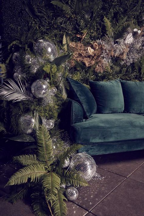 Jungle Disco Wedding Decor, Lounge Area At Wedding Reception, Moody Tropical Wedding Flowers, Disco Ball Event Decor, Disco Ball Florals, Disco Ball Reception, Disco Ball Decor Wedding, Disco Sangeet, Party House Interior