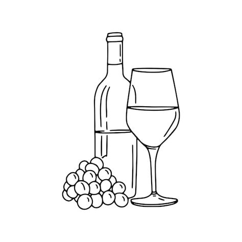 Wine Grapes Drawing, Wine Doodle Art, Wine Bottles Drawing, Wine Bottle Outline, Wine Drawing Easy, Wine Bottle Doodle, Wine Line Drawing, Wine Glass Drawing Simple, Wine Drawing Sketches