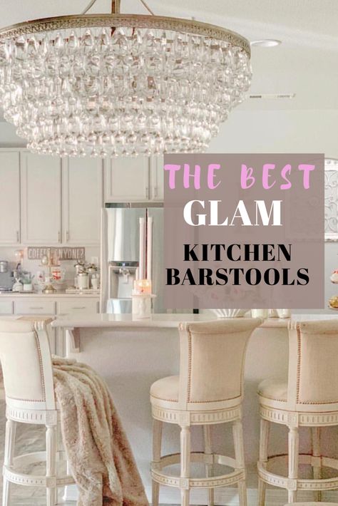 Glamorous Kitchen Modern, Glam Kitchen Island Decor, Elegant Bar Stools Kitchen Island, Glam Kitchen Ideas, Boujee Kitchen, Farmhouse Glam Kitchen, Farmhouse Glam Decor, Rustic Glam Kitchen, Modern Glam Kitchen