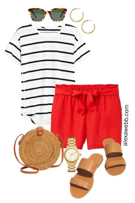 Plus Size Red Linen Shorts - Plus Size Red Linen Shorts with Navy and White Stripe Tee, Crossbody Rattan Bag, and Flat Sandals - Alexa Webb #plussize #alexawebb Red Shorts Outfit Summer, Red Shorts Outfit, Striped Shorts Outfit, Outfits 20s, Linen Shorts Outfit, Hot Summer Looks, Spring Teacher Outfits, Alexa Webb, Holiday Outfits Summer