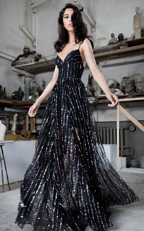 Sequined Tulle Maxi Gown by Rasario | Moda Operandi.  #WomensFashion #Fashion #FancyDresses #FancyDressesParty Black Ball Gown, Tulle Gown, Maxi Robes, Maxi Gowns, Gorgeous Gowns, Beautiful Gowns, Fancy Dresses, Dream Dress, Evening Gown