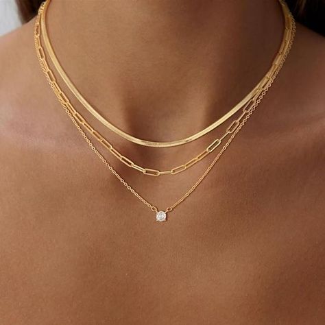 MBW Gold Layered Set Necklaces for Women, Dainty 14K Gold Plated Layered CZ Pendant Necklaces Simple Gold Herringbone Snake Choker Cuban Link Paperclip Chain Necklace Jewelry Sets for Women Girls Layered Gold Necklaces Aesthetic, Simple Gold Chain Designs For Women, Delicate Layered Necklace, Snake Choker, Necklaces Simple, Coin Choker, Necklace Combo, Single Pearl Necklace, Necklace Stack