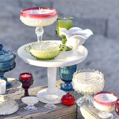 Turning Vintage Glass into Handmade Candles | OBX Candle Co. Candles In Vintage Cups, Vintage Glassware Candles, Diy Thrifted Candles, Candles In Vintage Glassware, Thrifted Candles, Handmade Candles Ideas, Making Beeswax Candles, Candle Repurpose, Candle Upcycle