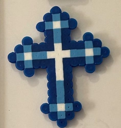 Cross Blue & White  Perler bead magnet. Things To Make Out Of Iron Beads, Water Perler Beads, Bluey Perler Bead Patterns Small, Christian Perler Beads, Cute Melty Beads, Cross Perler Beads, Perler Bead Patterns Christmas, Peeler Bead Idea, Perler Bead Art Ideas