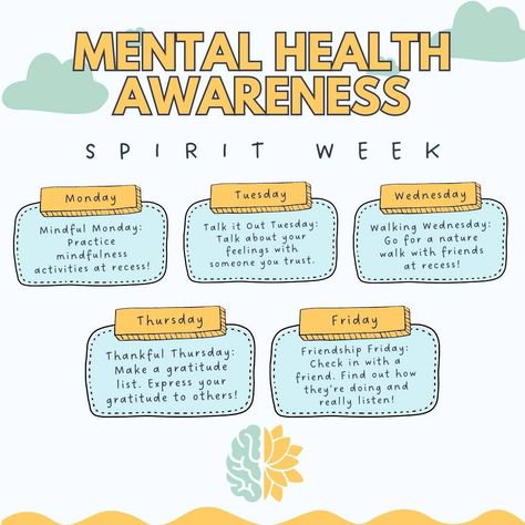 We're celebrating Mental Health Awareness Month with a "spirit week" next week! We're doing themed days with special morning announcements at our morning assembly (with some guest parents in the mental health field!) and recess activities for each themed day. It'll look like this:⁠ ⁠ 🧠 Mindful Monday⁠ ➡️ sensory activities (feel an item in a bag and guess what it is)⁠ ➡️ mindful art/coloring⁠ ➡️ yoga⁠ ⁠ 💬Talk it Out Tuesday⁠ ➡️ Feelings bean bag toss (toss it in, share a time when you feel th... Weekday Themes Ideas, Mental Health Week Activity Ideas, Mental Health Event Ideas, Mental Health Activity Ideas High School, Mental Health Work Activities, Mental Health Group Activities, Mental Health Retreat, Spirit Weeks, Guidance Office