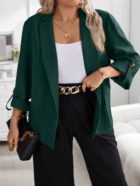 Plus Size Women's Solid Color Cuffed Sleeve Elegant Office Blazer Jacket, Spring Autumn Dark Green Casual  Long Sleeve Fabric Plain Regular Slight Stretch  Women Plus Clothing, size features are:Bust: ,Length: ,Sleeve Length: Dark Green Blazer Outfit, School Interview Outfit, Green Blazer Outfit, Professional Office Outfit, Dark Green Blazer, Casual Plus Size Outfits, Business Casual Jacket, Autumn Dark, School Interview