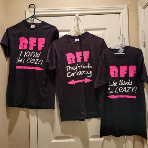 Fun Best Friend Tee Shirts Set Of 3 All Are Size Small Only Black Tees All Three With Pink Lettering Condition Is Never Used Bff They Are Both Crazy Bff She Thinks I'm Crazy Bff I Know She's Crazy Matching Tshirts Best Friend Shirts Best Friend Matching Clothes, Trio Tshirt Ideas, Matching Hoodies For 3 Best Friends, Matching Outfits For Three Friends, Trio Shirt Ideas, Bff Shirts For 3 Friends, Best Friends T Shirts Ideas Design, Trio Matching Shirts, Matching Bestie Shirts