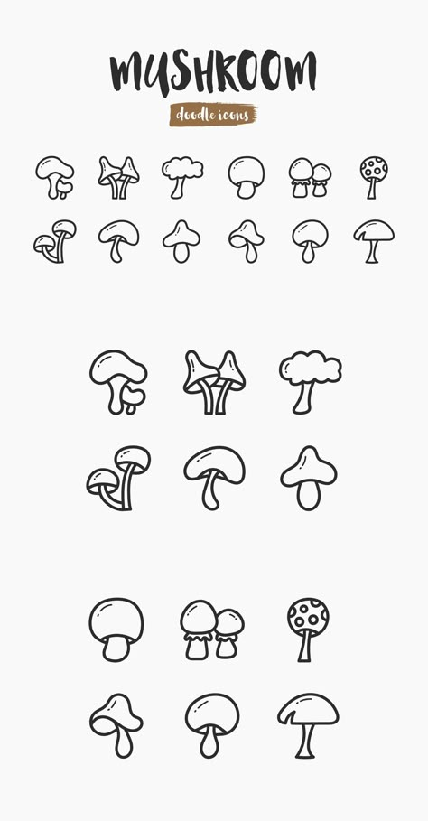 Mushroom Hand-Drawn Doodle Icons Mini Tats Mushroom, Hand Tattoos Mushroom, Earthy Doodles Easy, Mushroom Simple Tattoo, Mushroom Logo Ideas, Cute Mushroom Drawing Easy, Mushrooms Outline, Simple Things To Doodle, Mushroom Simple Drawing