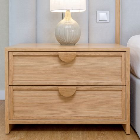 Dimensions: 50x45x45h cm/65x45x45h cm/  Material: Natural oak or walnut and velvet. The Araki bedside table is made up of two elegant drawers with soft close, with ergonomic handle made of solid wood that allows an effective opening.  And because the details make all the difference, the inside of the drawer is upholstered in soft velvet. Available in two finishes and two sizes.   Delivery time: Depending on existing stock, approx. 6/8 weeks.  (We advise prior consultation ) Japandi Bedside Table, Cool Bedside Tables, Bedside Table Wood, Bedside Drawers, Cnc Furniture, Bedside Tables Nightstands, Modern Bedroom Interior, Wood Bedside Table, Ergonomic Handle