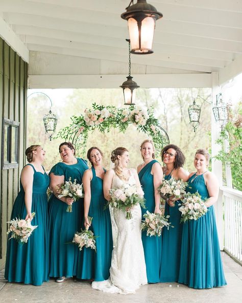 Azazie Peacock Teal And Ivory Wedding, Azazie Peacock, Ivory Wedding Ideas, Bridesmaid Dresses Mix And Match, Teal Bridesmaids, Teal And Grey Wedding, Peacock Bridesmaid Dresses, Wedding Teal, Rustic Country Wedding Decorations