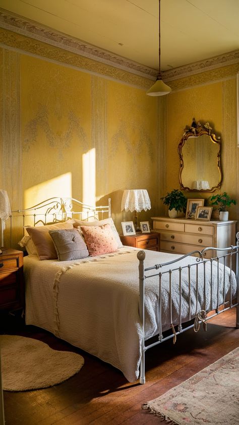 Vintage Yellow Wallpaper, Light Yellow Bedrooms, Wooden Nightstands, Yellow Bedroom Walls, Ornate Bed, Dark Academia Interior, Antique Iron Beds, Cast Iron Beds, Cream Bedrooms