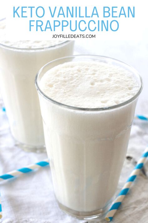 Nothing is better than an icy glass of this creamy sweet Vanilla Bean Frappuccino Recipe! After the first sip of this homemade frappuccino, you will be craving the next. Made with just four simple ingredients plus ice, you can’t help but keep going back for more. This easy vanilla frappe recipe is sugar-free, keto, low carb, gluten-free, grain-free, and Trim Healthy Mama friendly. Keto Vanilla Frosty, Keto Frappe Recipe, Keto Frappe, Frappachino Recipe, Vanilla Bean Frappuccino Recipe, Thm Shakes, Vanilla Frappe, Thm Smoothies, Vanilla Bean Frappuccino