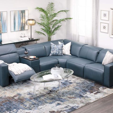 Midnight Blue Leather Sofa Living Room, Light Blue Leather Couch, Blue Leather Sectional, Blue Leather Couch, Grey Leather Couch, Leather Sectional Living Room, Leather Sofa Decor, Modern Recliner Sofa, Grey Leather Sectional