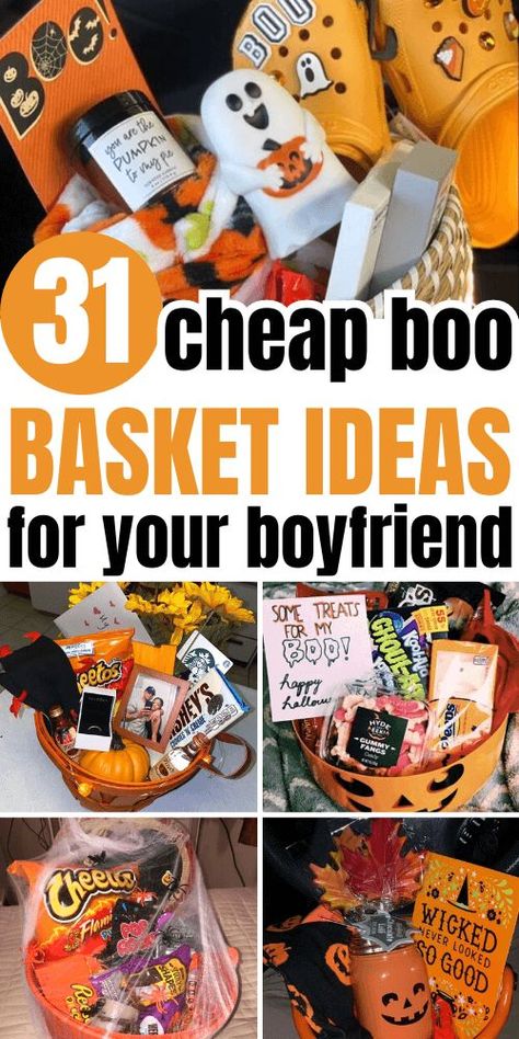 Boo Basket Ideas for Boyfriend Diy Halloween Basket, Spooky Basket Ideas, Boo Basket Ideas, Diy Halloween Gifts, Spooky Basket, Creepy Halloween Food, Fall Gift Baskets, Boo Gift, Boo Baskets