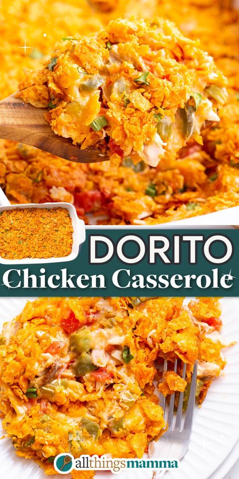 collage image showing close ups of Dorito Chicken Casserole. Mexican Chicken Recipes Doritos, Mexican Chicken With Doritos, Mexican Trash Casserole Chicken, Chicken Dorito Casserole Recipe, Chicken Dorito, Dorito Chicken Casserole, Baked Casseroles, Shredded Chicken Casserole, Casseroles Chicken