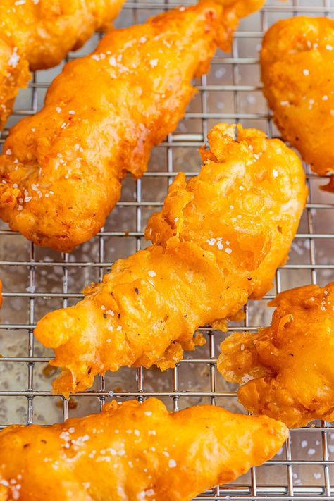 Batter Dipped Chicken Tenders, Chicken Strip Breading Recipe, Easy Batter For Chicken, Beer Battered Fried Chicken, Batter Fried Chicken Recipes, Chicken Tender Recipes Pan Fried, Honey Fried Chicken Tenders, Best Crispy Chicken Tenders, Batter For Fried Chicken Tenders