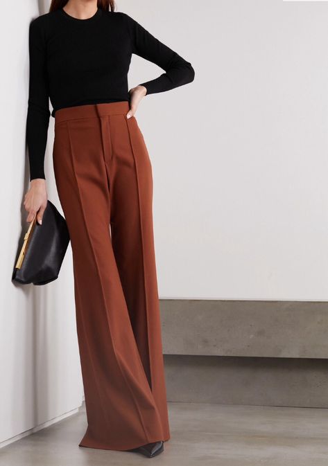 Rust Brown Trousers Outfit, Wide Leg Pants Pointy Shoes, Brown Wide Leg Outfit, Rust Dress Pants Outfit, Brown Wide Leg Pants Outfit Work, Rust Trousers Outfit Women, Rust Color Pants Outfit Fall, Work Outfits Women Wide Leg Pants, Monochrome Office Outfit