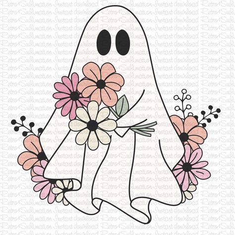 Spooky Cute Art, Ghost Illustration Cute, Ghost Holding Flowers Tattoo, Drawings Of Ghosts, Cute Flower Icon, Ghost Holding Flowers, Ghost Art Cute, Cute Ghost Drawings, Embroidery Svg