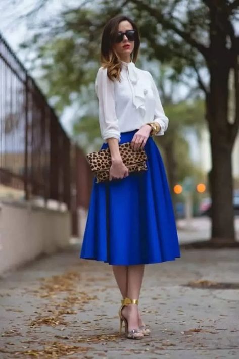 Royal Blue Skirt Outfit Ideas, Tie Neck Blouse Outfit, Royal Blue Pants Outfit, Colorblock Outfits, Blue Skirt Outfit, Blue Skirt Outfits, Royal Blue Skirts, Colorful Outfits, Church Outfit