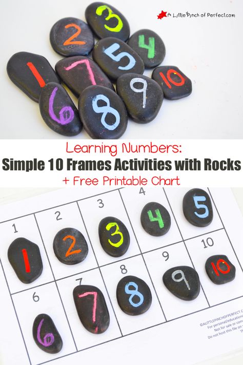 Learning Numbers: Simple 10 Frames Activities with Rocks and Free Printable Chart Emergent Mathematics Activities, Number Sense Kindergarten, Prek Math, Teaching Numbers, Stone Soup, Free Printable Activities, Number Activities, Numbers For Kids, Printable Chart