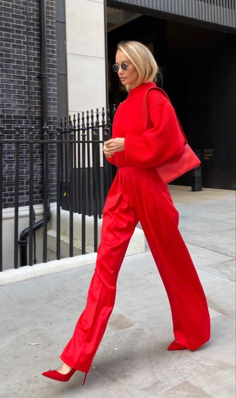 Red Outfit Ideas | Fall Trend Edit, red outfit ideas, fall outfit ideas, fall outfits, red outfits, fall color trends, fall colors Red Monochrome Outfit, Tatiana Korsakova, Red Trousers Outfit, Red Pants Outfit, Monochromatic Fashion, Red Trousers, Monochromatic Outfit, Christmas Outfits Women, Monochrome Outfit