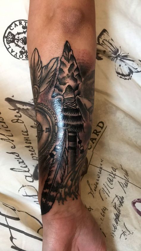 Tip Of The Spear Tattoo, Indian Theme Tattoo Sleeve, Native American Sleeve Tattoos For Guys, Indian Spear Tattoo, Men’s Native American Tattoo, Native American Tattoos Sleeve, Native American Theme Tattoo, Native American Wrist Tattoos, Indian Theme Tattoo