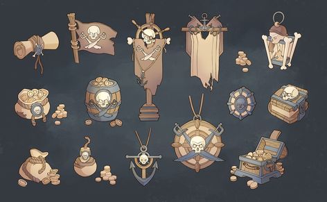 Pirate's props, Mariia Markina on ArtStation at https://www.artstation.com/artwork/bKDg4d Pirate Props Concept Art, Pirates Design, Pirate Items, Pirate Props, Golden Age Of Piracy, Pirate Cat, Pirate Accessories, Pirate Games, Props Concept