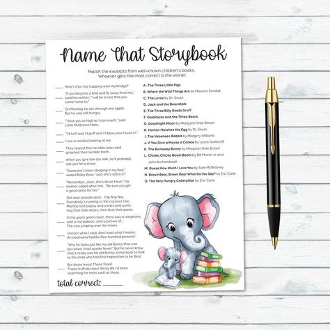 Name That Storybook Book Theme Baby Shower Storybook Baby | Etsy Elephant Game, Storybook Theme, Vintage Storybook, Storybook Baby Shower, Game Name, Book Theme, Elephant Baby Showers, Printable Game, Shower Bebe