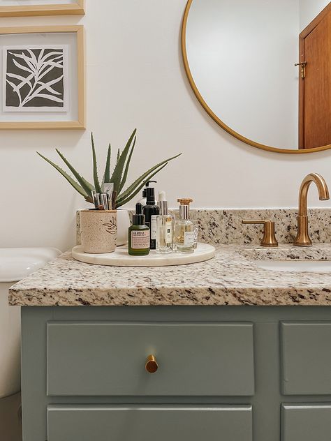 Green Bathroom Vanity Brown Granite, White Bathroom Vanity Brown Countertop, Diy Painting Bathroom Vanity, Safe Green Bathroom Vanity, Farmhouse Painted Bathroom Vanity, Green Paint For Bathroom Vanity, Gray Green Bathroom Vanity, Bathroom Paint Colors White Vanity, Bathroom Cabinet Green